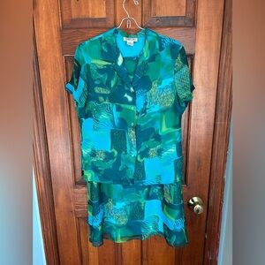 Vintage Robbie Bee 100% silk Green and Blue Abstract Blouse and Skirt Set